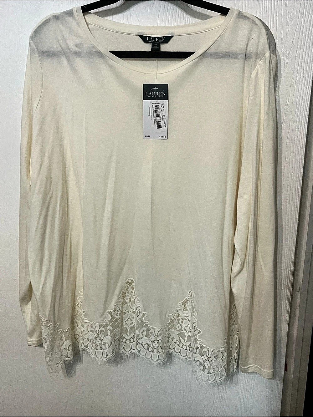 Lauren Lace Hem Long Sleeve Top in Cream Size 2X NWT